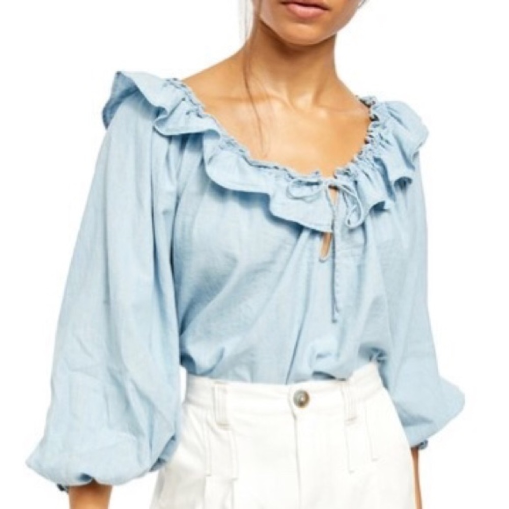 New FREE PEOPLE Chambray Off the Shoulder Ruffle Summer Top S